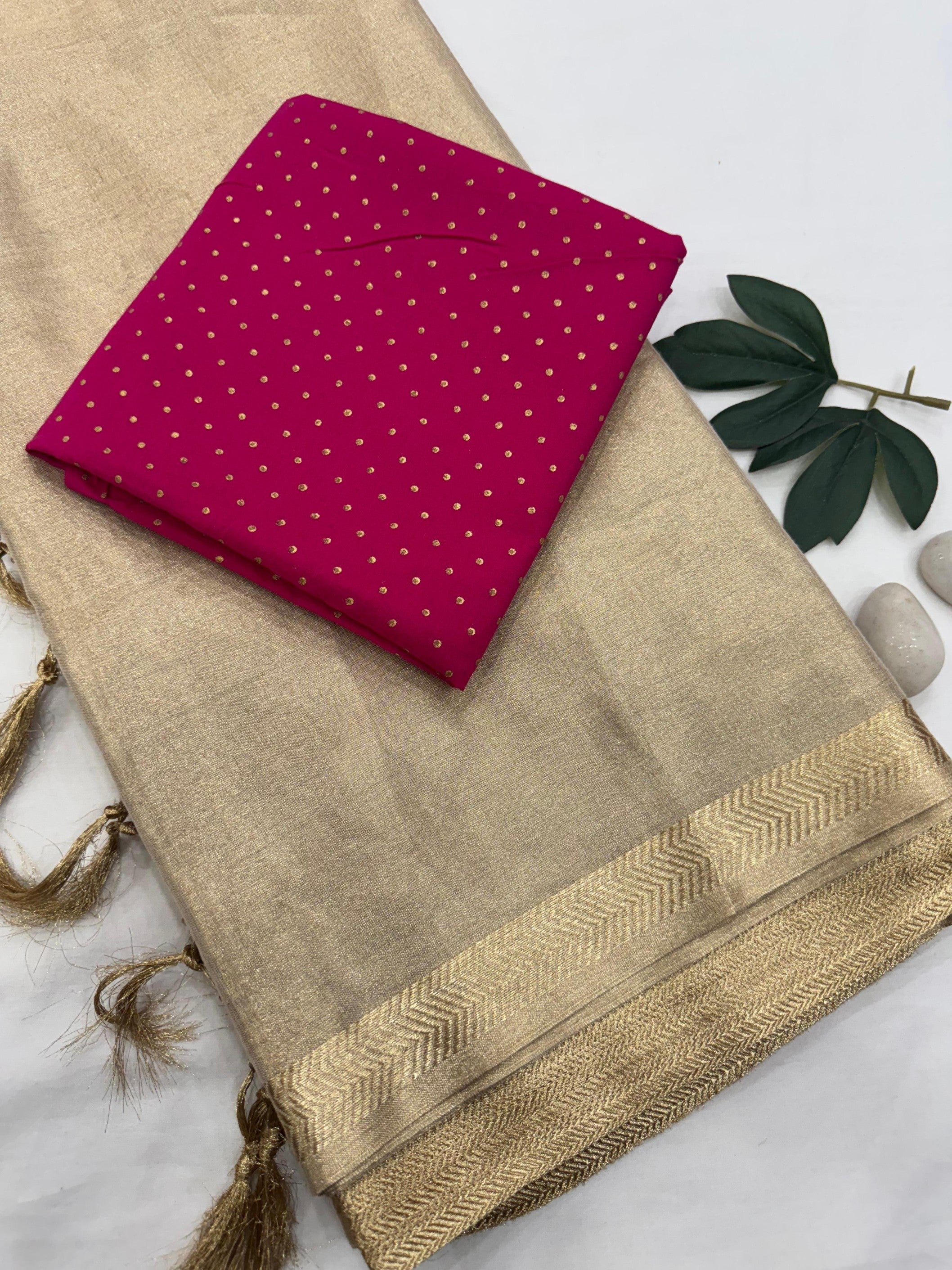 Gold Tissue Saree with Pink Blouse Fabric – Designer Handcrafted Saree for Wholesale Buyers